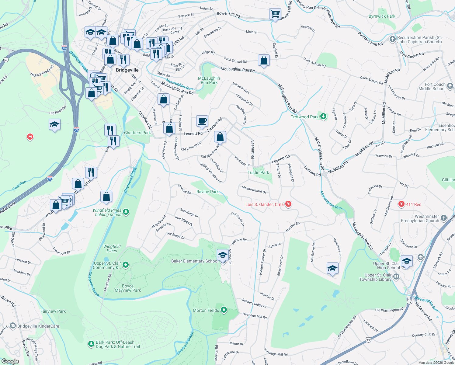 map of restaurants, bars, coffee shops, grocery stores, and more near 1274 Rolling Meadow Road in Pittsburgh