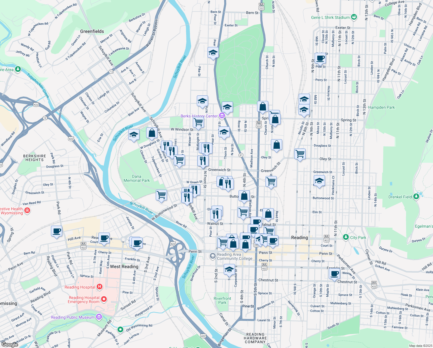 map of restaurants, bars, coffee shops, grocery stores, and more near 161 Hudson St in Reading