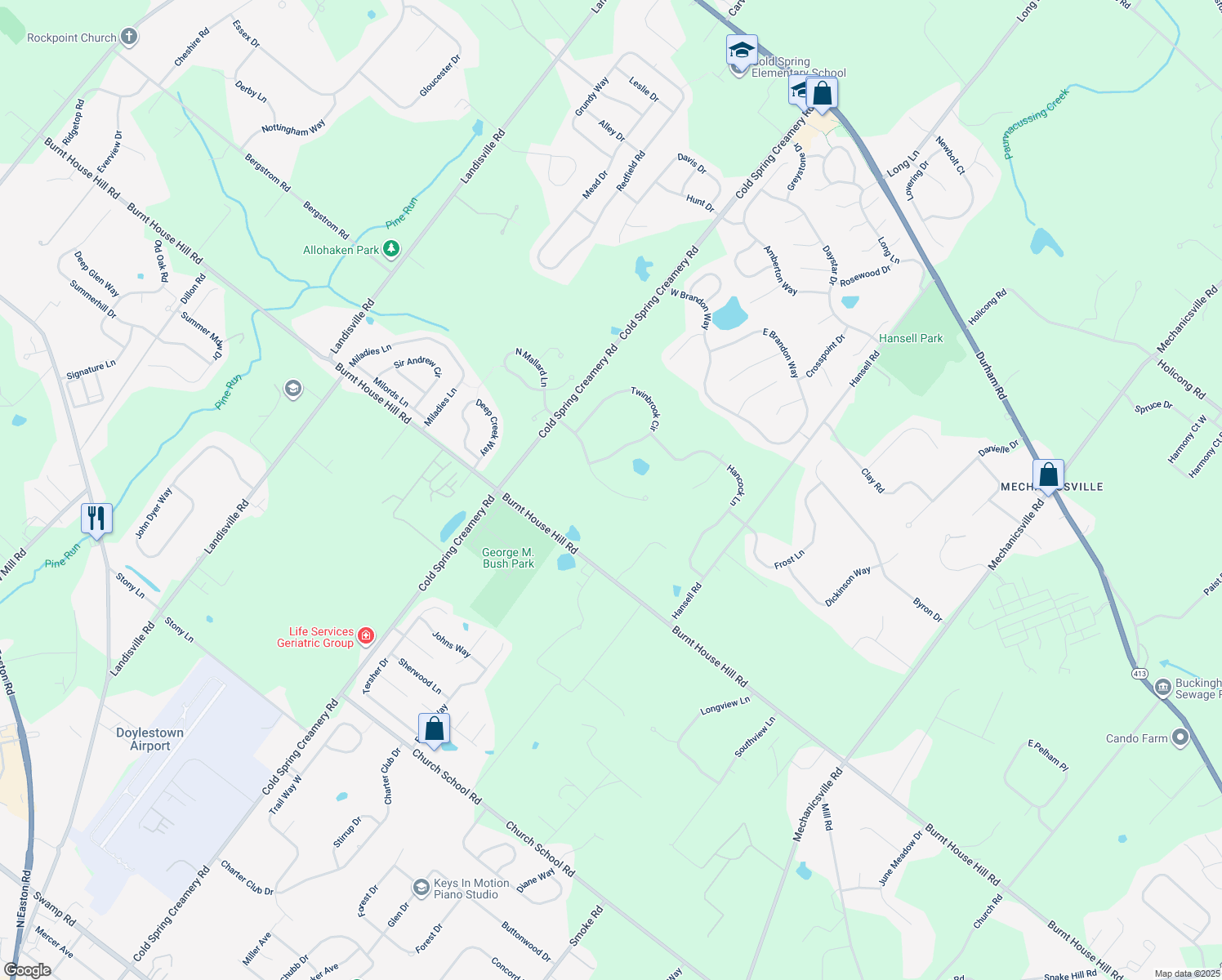map of restaurants, bars, coffee shops, grocery stores, and more near 3800 South Mallard Lane in Doylestown