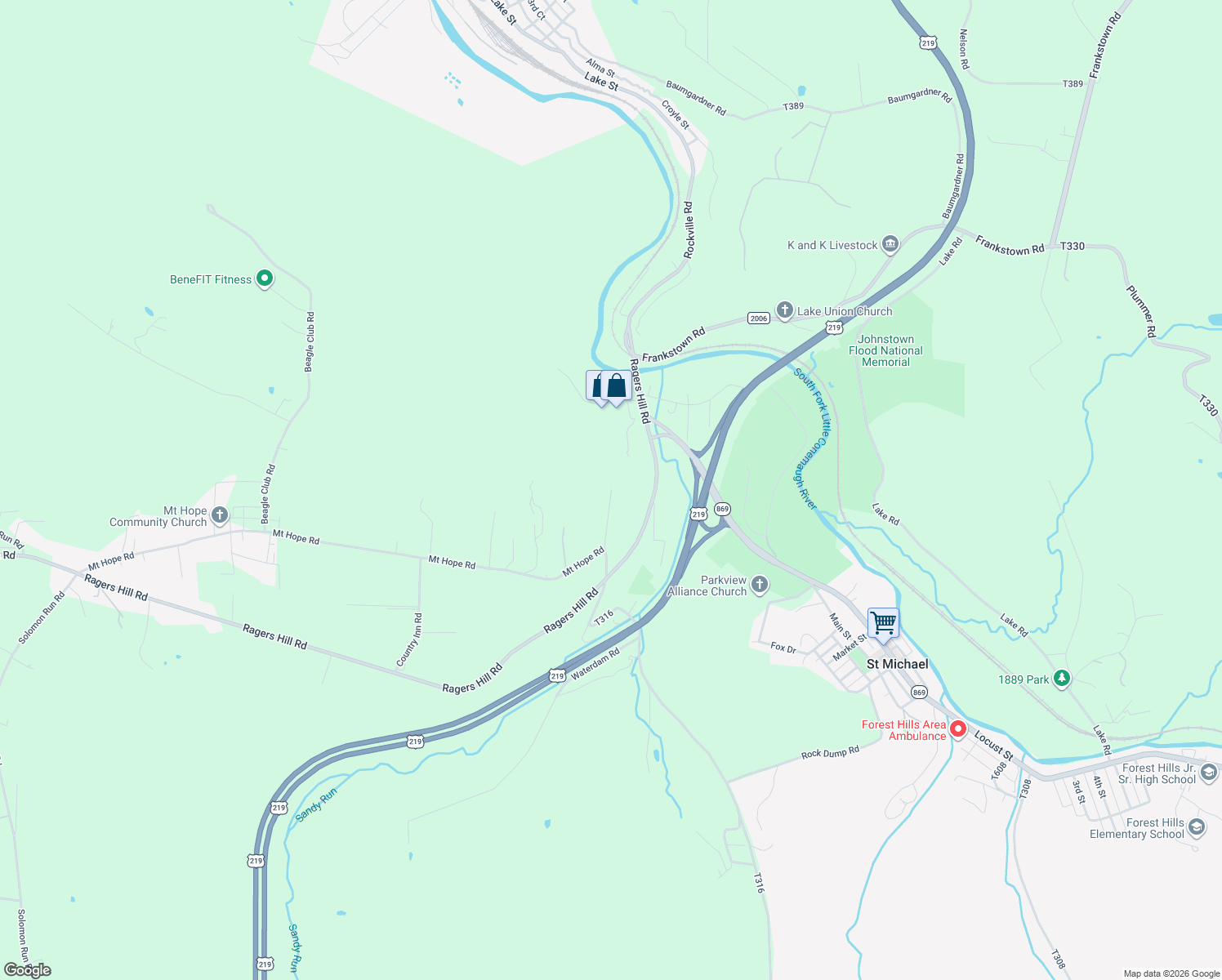 map of restaurants, bars, coffee shops, grocery stores, and more near 198 Blackberry Dr in South Fork