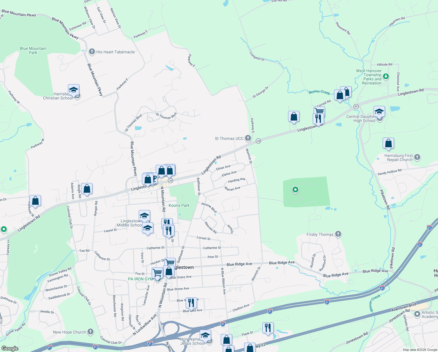 map of restaurants, bars, coffee shops, grocery stores, and more near 6206 Elaine Avenue in Harrisburg