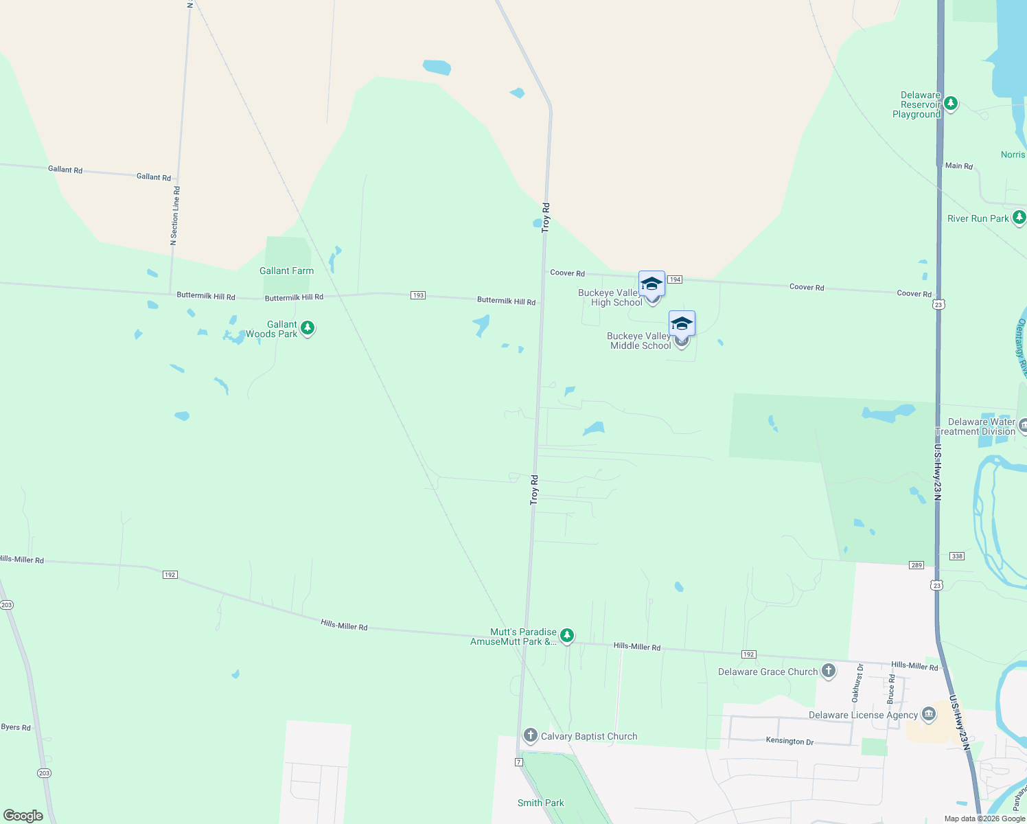 map of restaurants, bars, coffee shops, grocery stores, and more near 2547 Troy Rd in Delaware