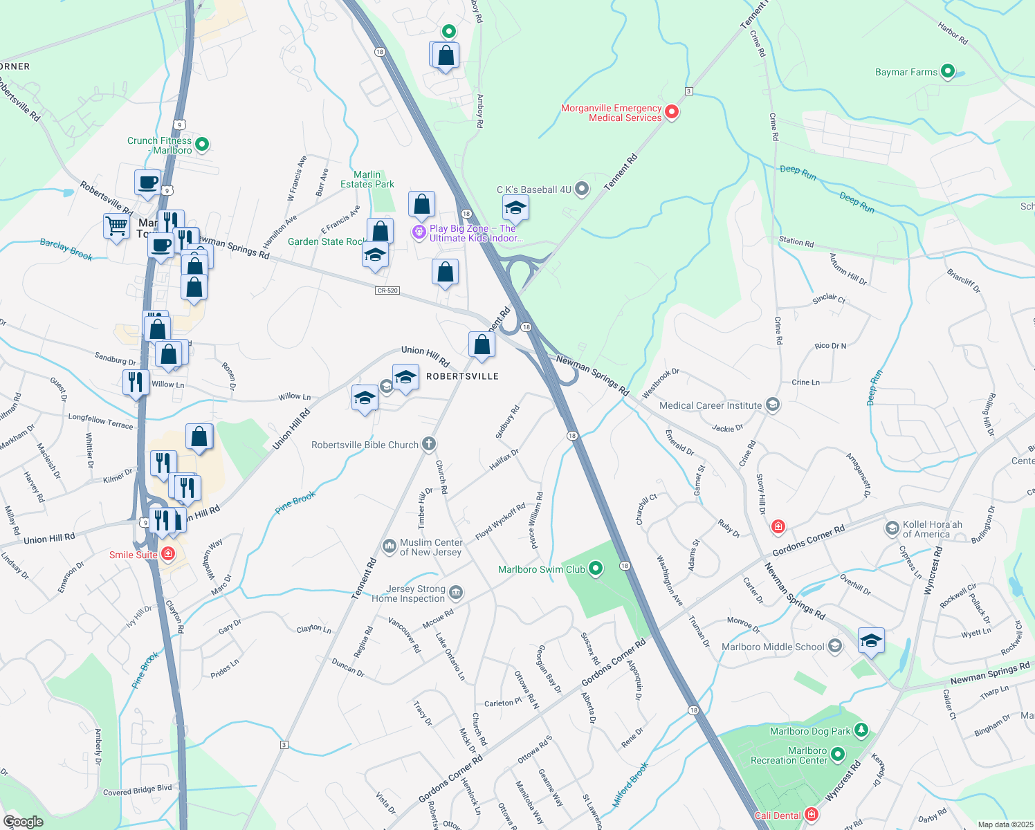 map of restaurants, bars, coffee shops, grocery stores, and more near 30 Sudbury Road in Marlboro Township