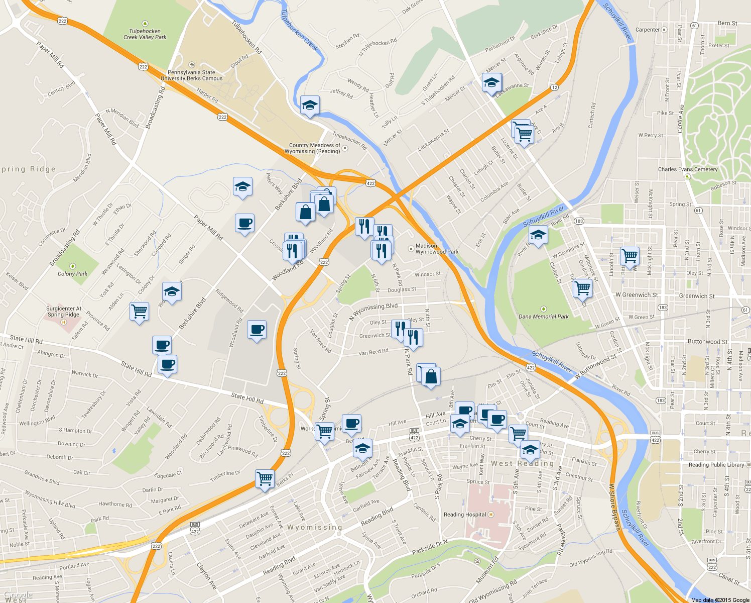 map of restaurants, bars, coffee shops, grocery stores, and more near 601 North Wyomissing Boulevard in Wyomissing