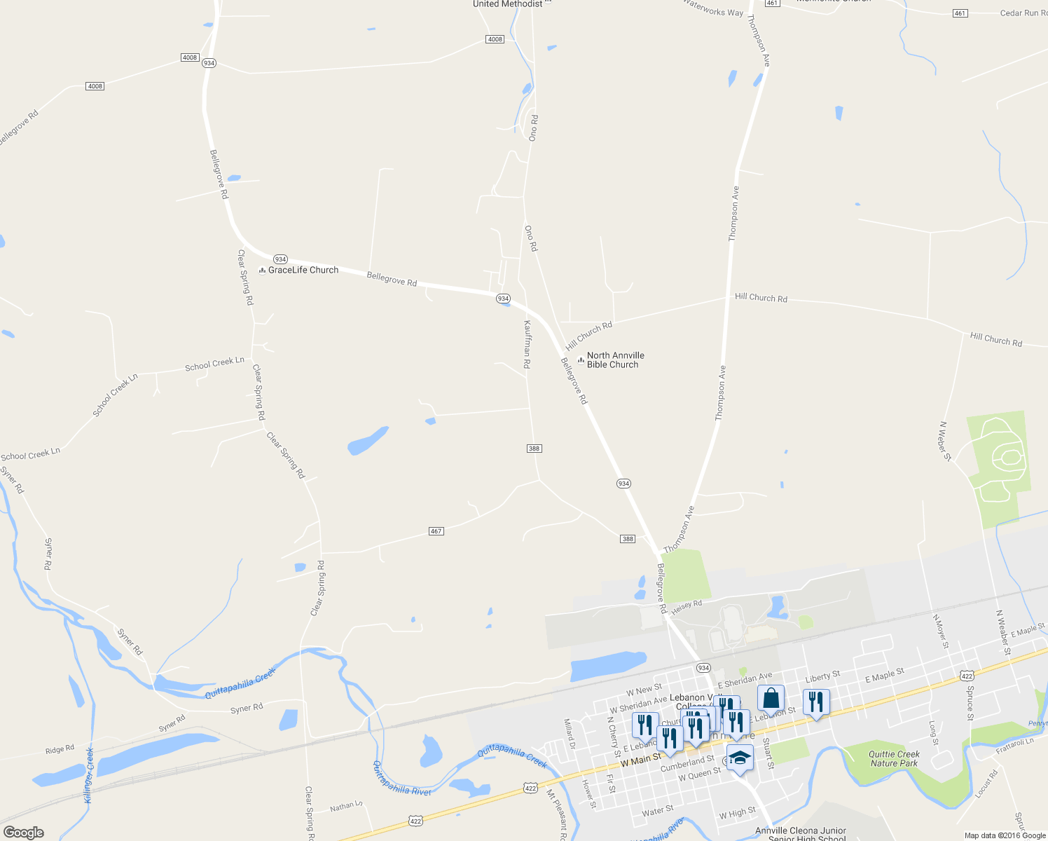 map of restaurants, bars, coffee shops, grocery stores, and more near 327 Kauffman Road in Annville