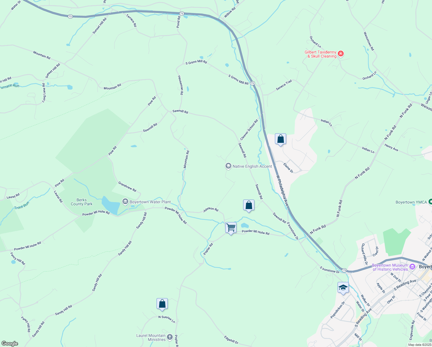 map of restaurants, bars, coffee shops, grocery stores, and more near 130 Johnson Road in Boyertown