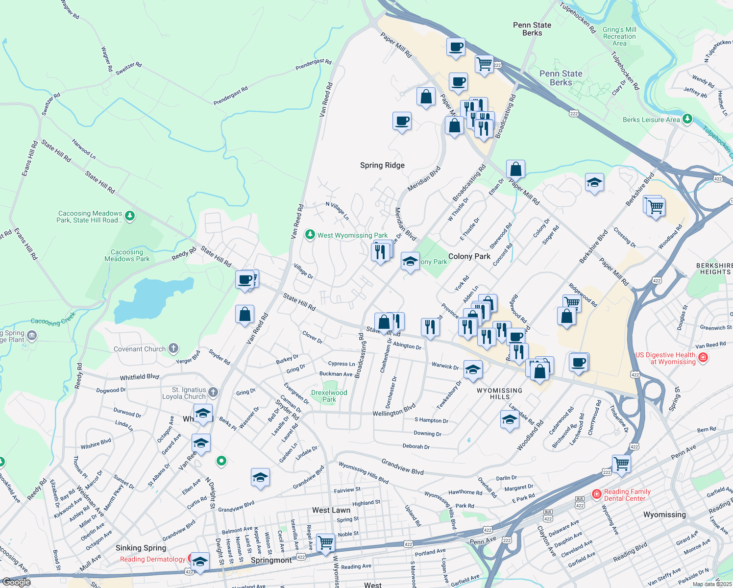 map of restaurants, bars, coffee shops, grocery stores, and more near 126 Hawthorne Ct in Wyomissing