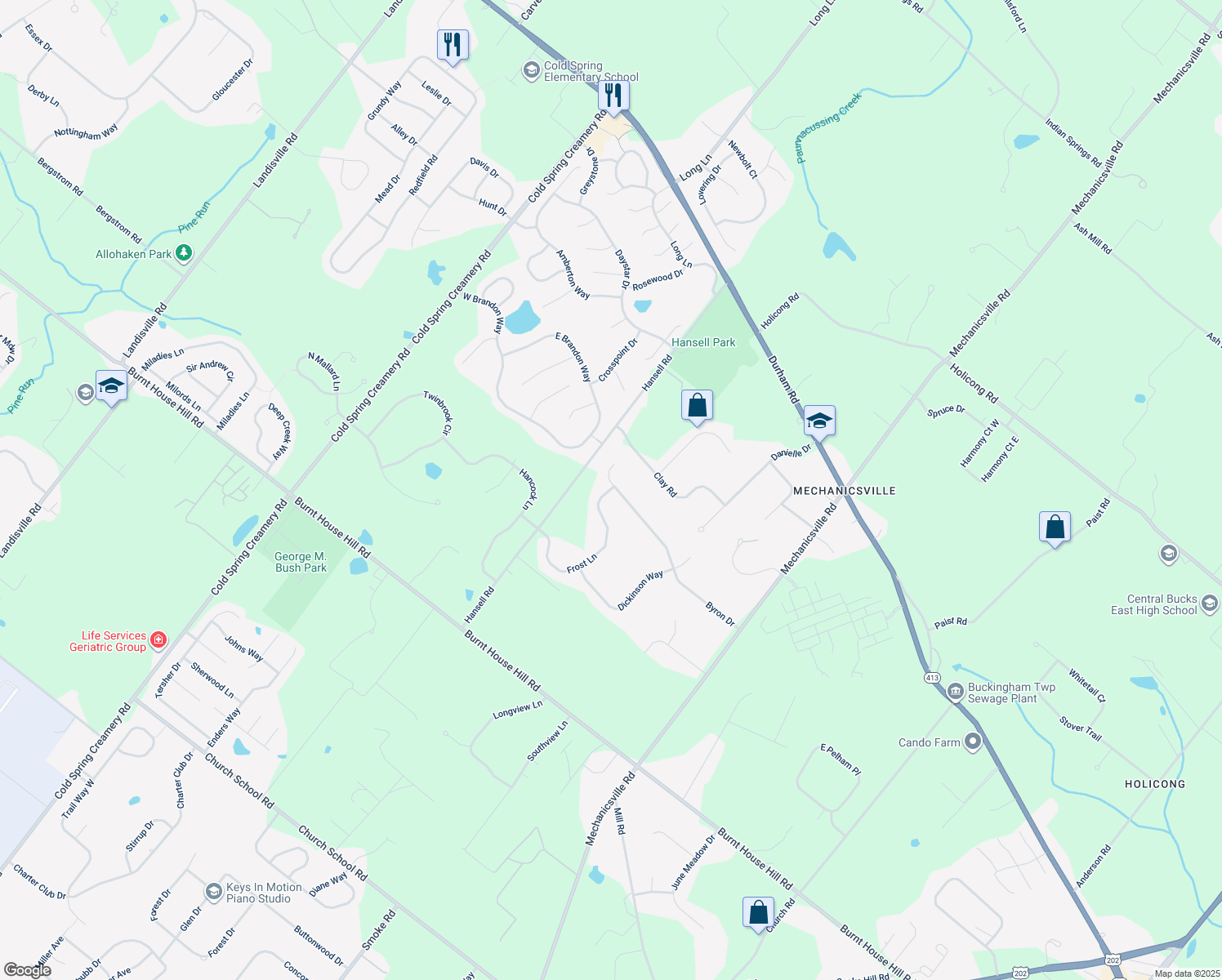 map of restaurants, bars, coffee shops, grocery stores, and more near 4704 Frost Lane in Doylestown