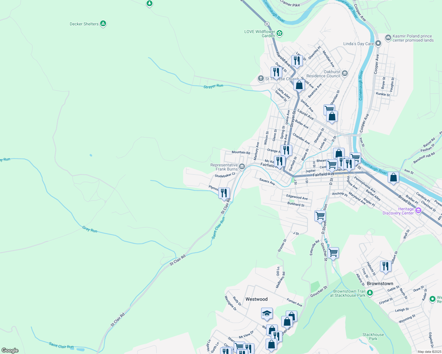 map of restaurants, bars, coffee shops, grocery stores, and more near 198 Lancer Court in Johnstown