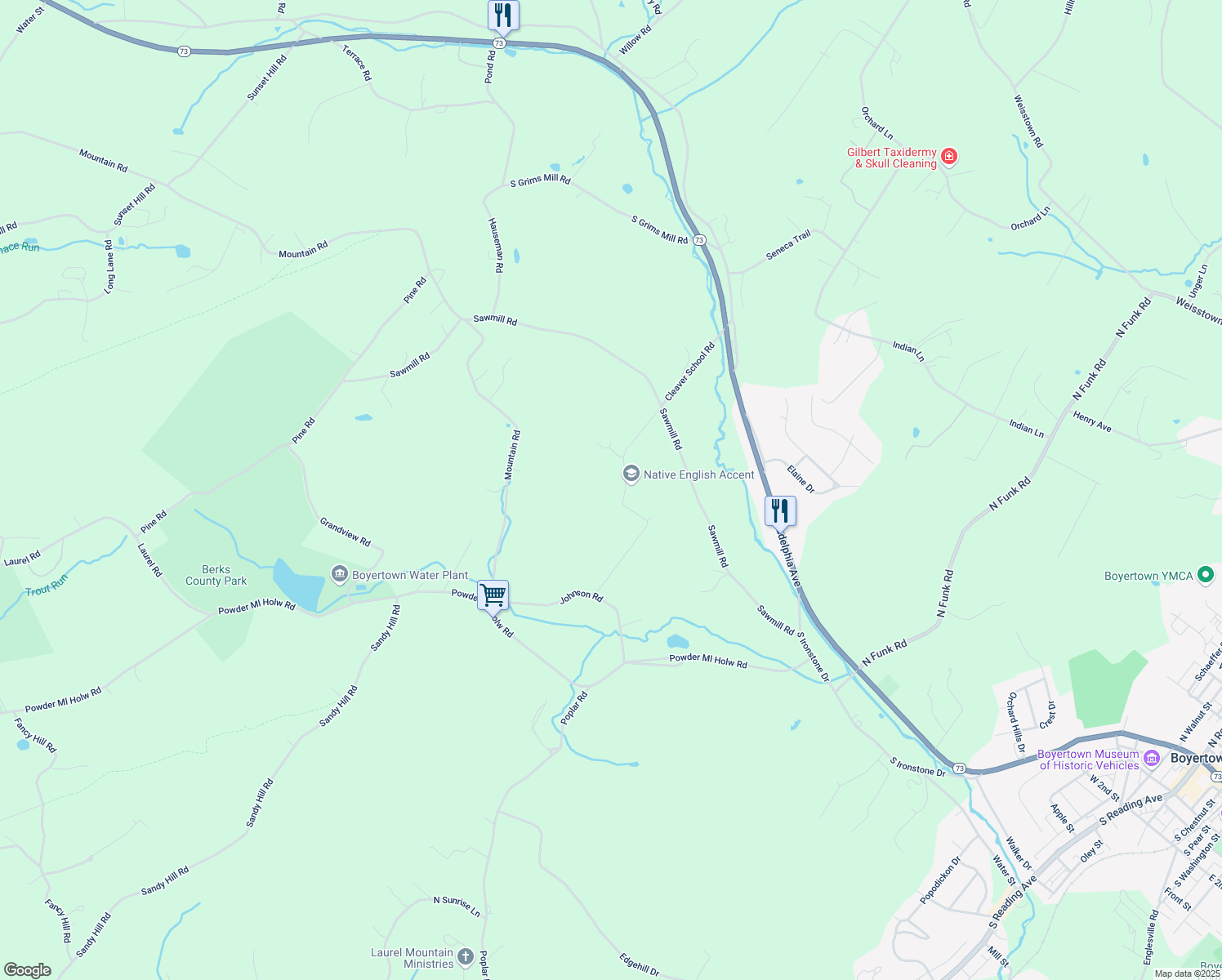 map of restaurants, bars, coffee shops, grocery stores, and more near 130 Johnson Road in Boyertown