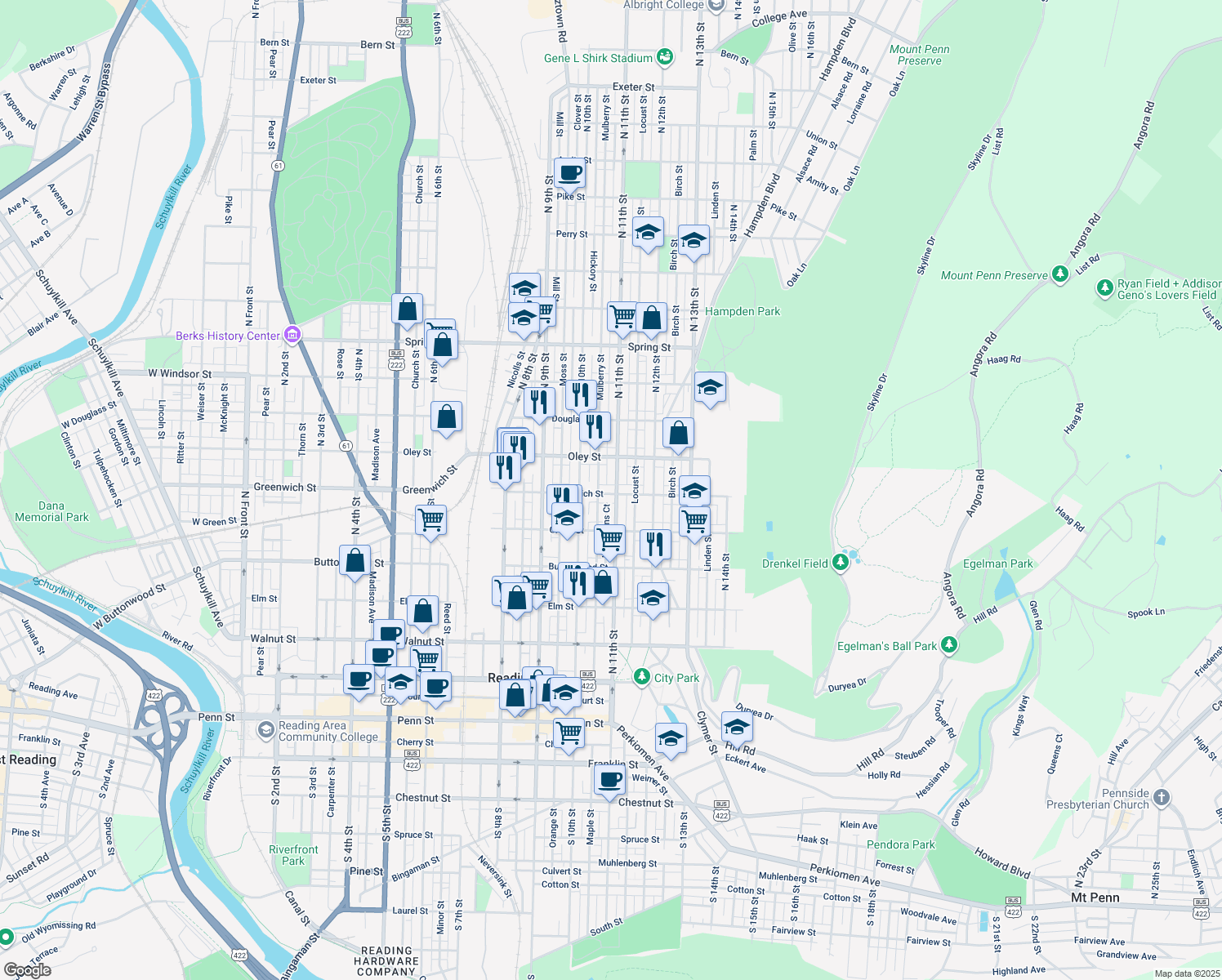 map of restaurants, bars, coffee shops, grocery stores, and more near 1049 East Greenwich Street in Reading