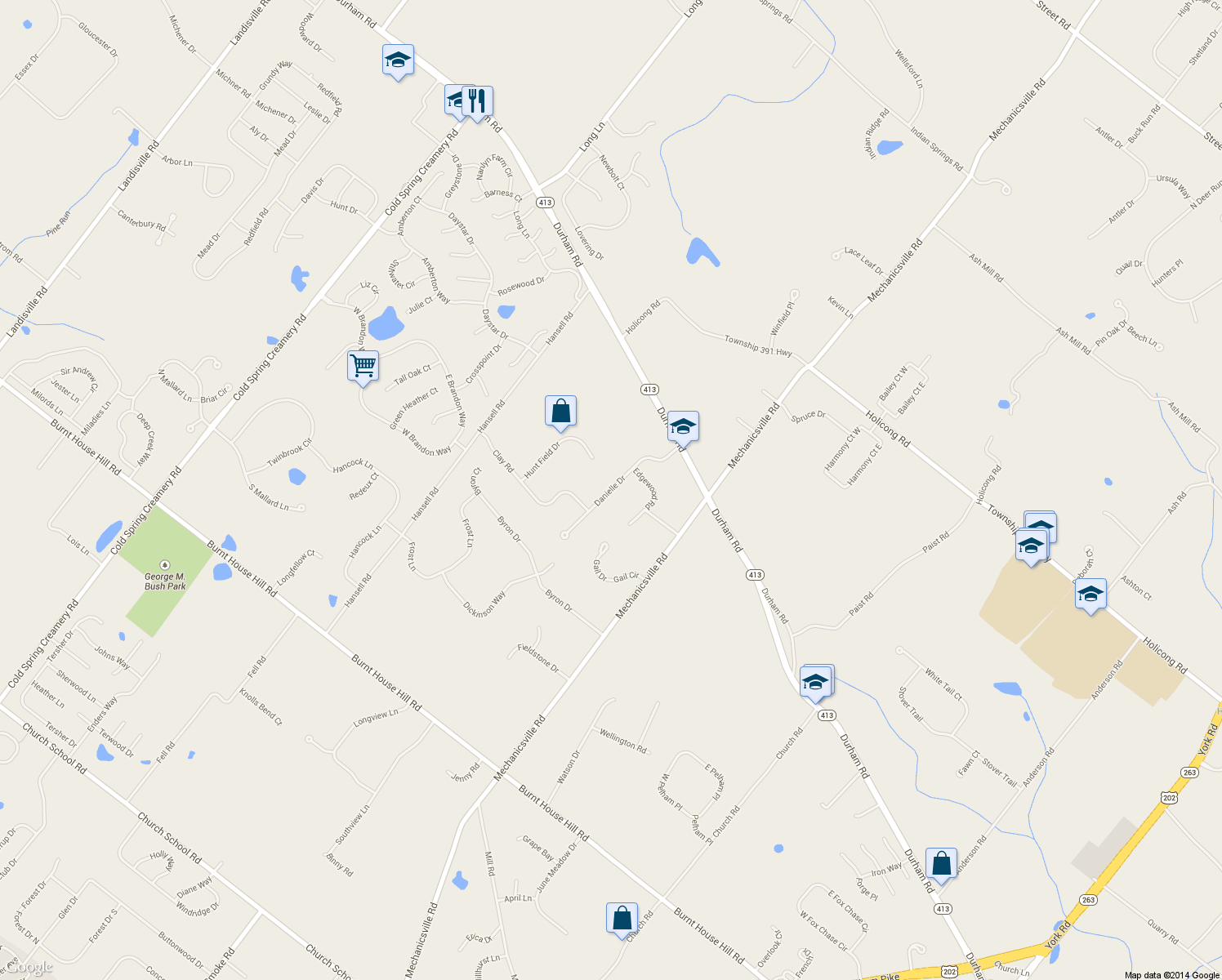 map of restaurants, bars, coffee shops, grocery stores, and more near 4923 Danielle Drive in Doylestown