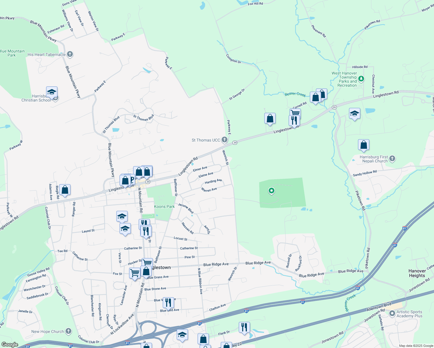 map of restaurants, bars, coffee shops, grocery stores, and more near 6231 Elaine Avenue in Harrisburg