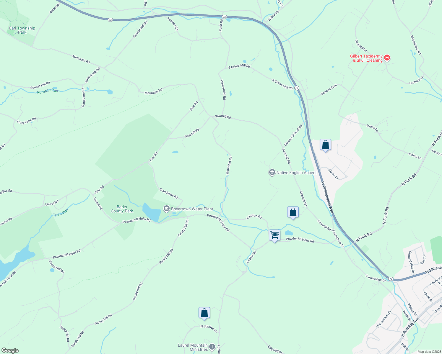 map of restaurants, bars, coffee shops, grocery stores, and more near 173 Mountain Road in Boyertown