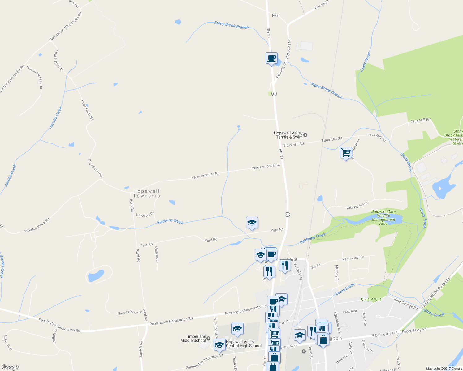 map of restaurants, bars, coffee shops, grocery stores, and more near 36 Woosamonsa Road in Pennington