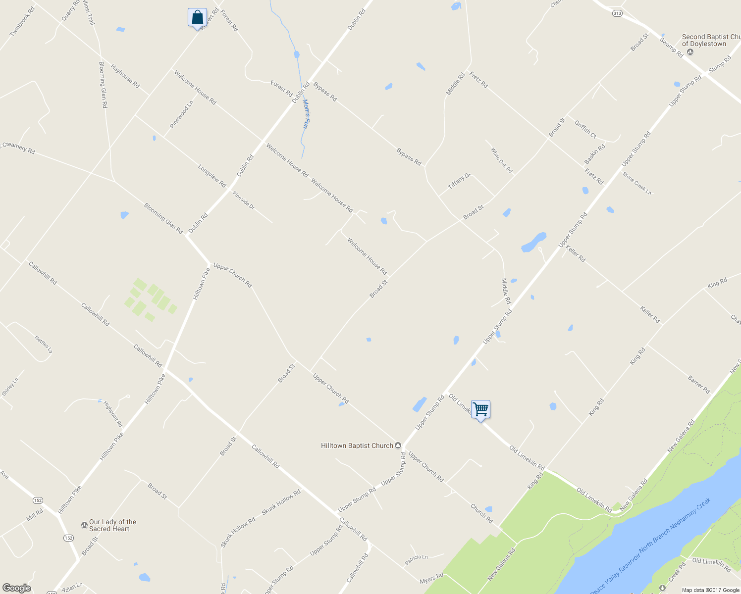 map of restaurants, bars, coffee shops, grocery stores, and more near 1232 Broad Street in Perkasie