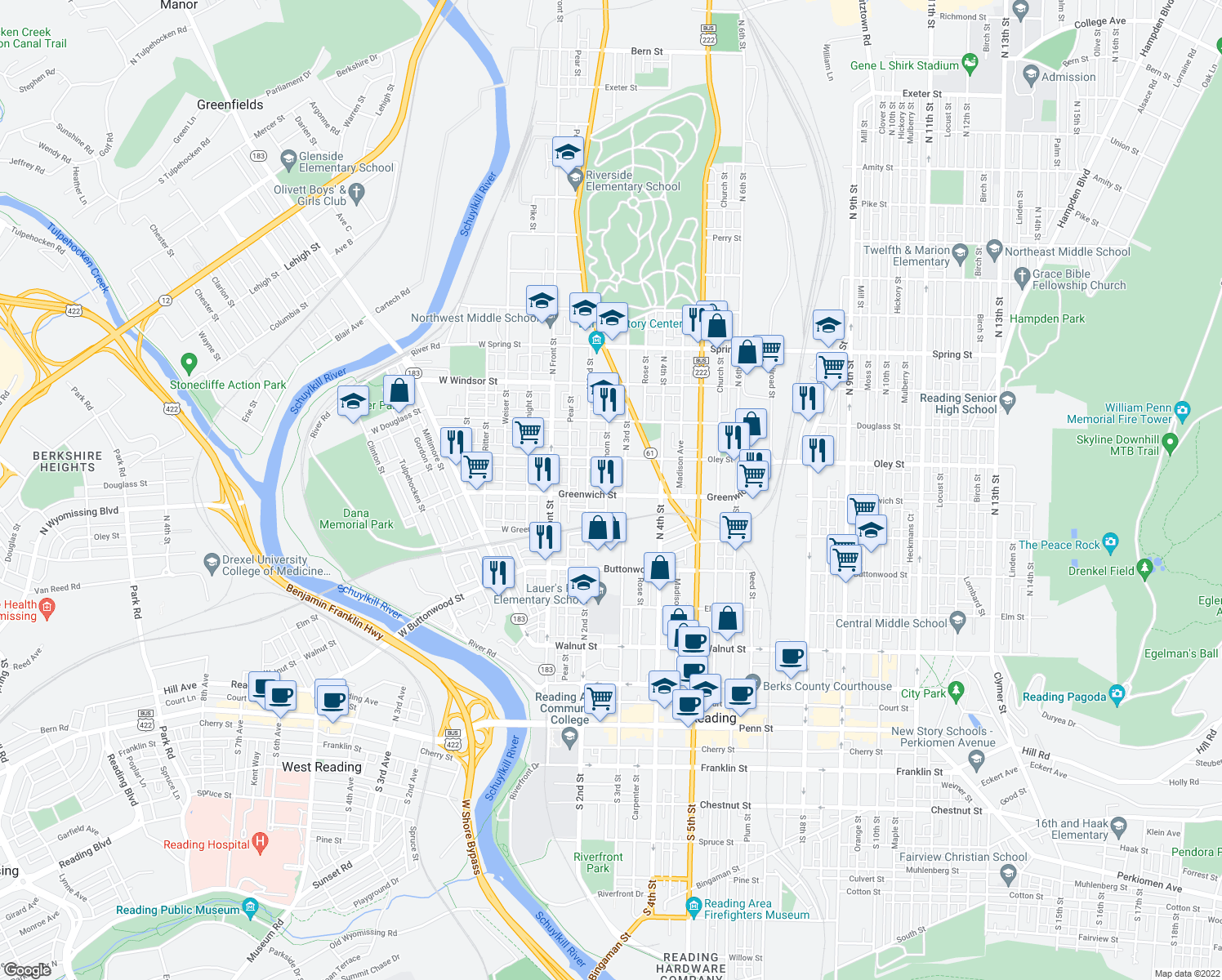 map of restaurants, bars, coffee shops, grocery stores, and more near 239 Greenwich Street in Reading