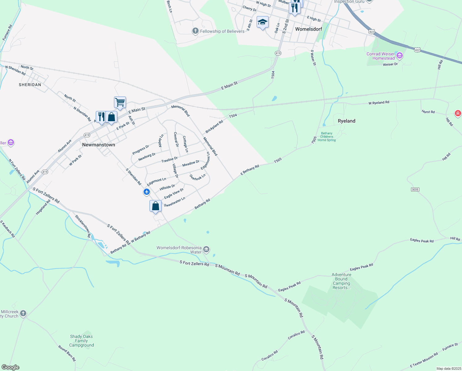 map of restaurants, bars, coffee shops, grocery stores, and more near 85 East Bethany Road in Newmanstown