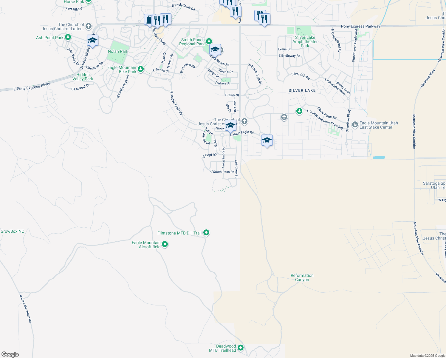 map of restaurants, bars, coffee shops, grocery stores, and more near 4042 East Yakima Way in Eagle Mountain