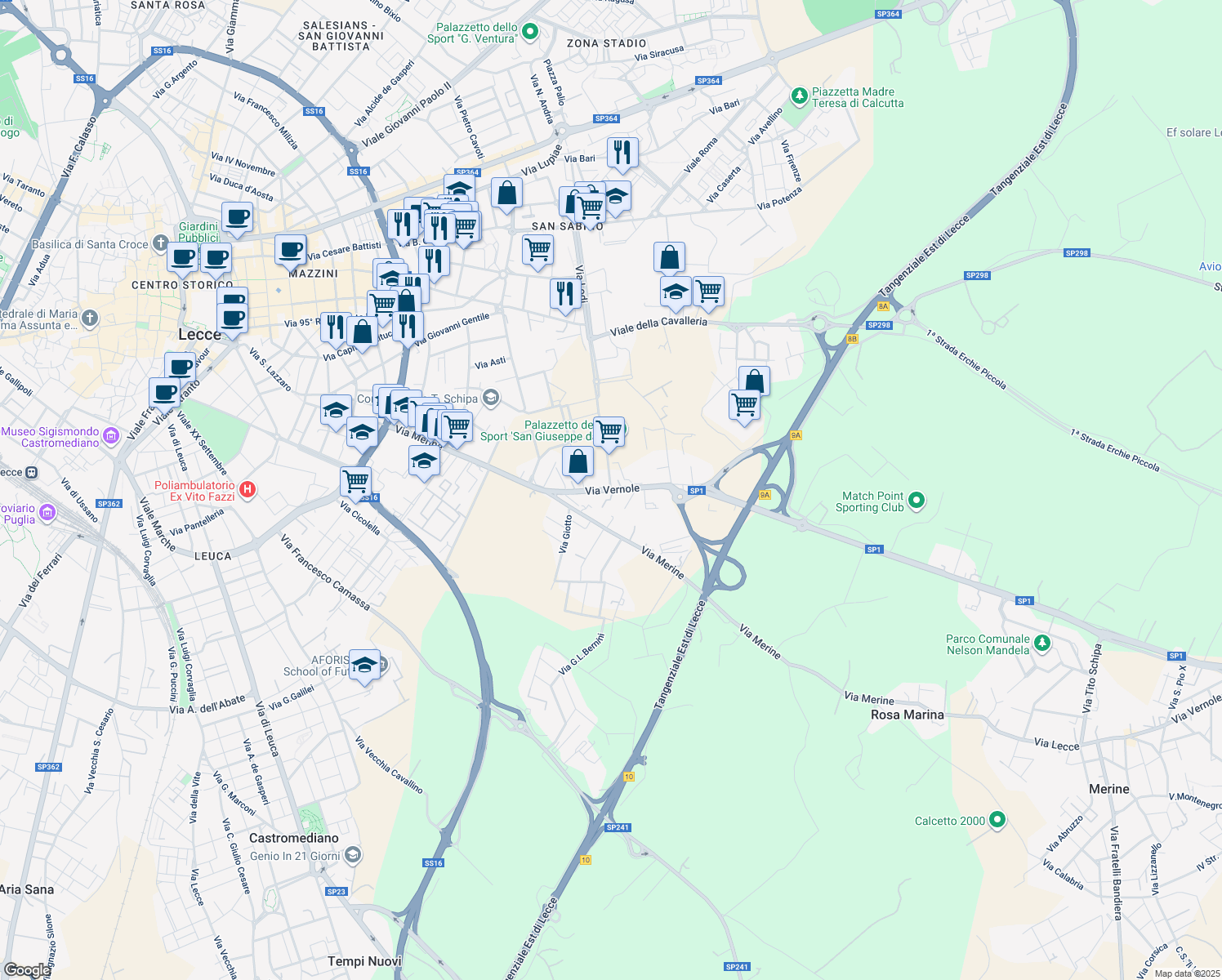map of restaurants, bars, coffee shops, grocery stores, and more near Via Vernole in Lecce