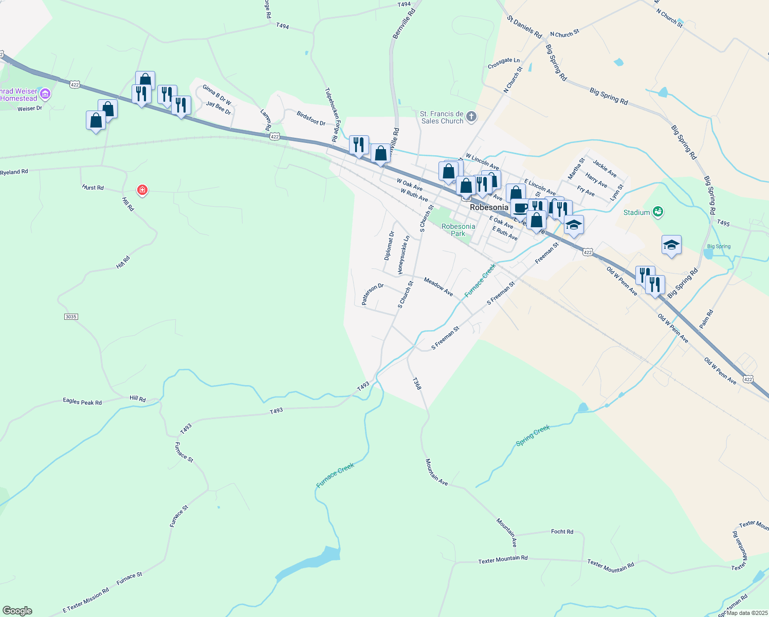 map of restaurants, bars, coffee shops, grocery stores, and more near 89 Patterson Drive in Robesonia