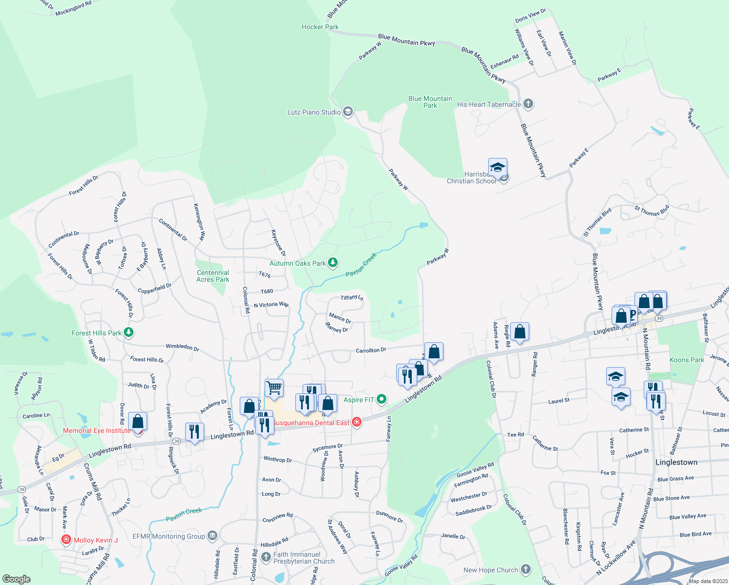 map of restaurants, bars, coffee shops, grocery stores, and more near 2568 Tiffany Ln in Harrisburg