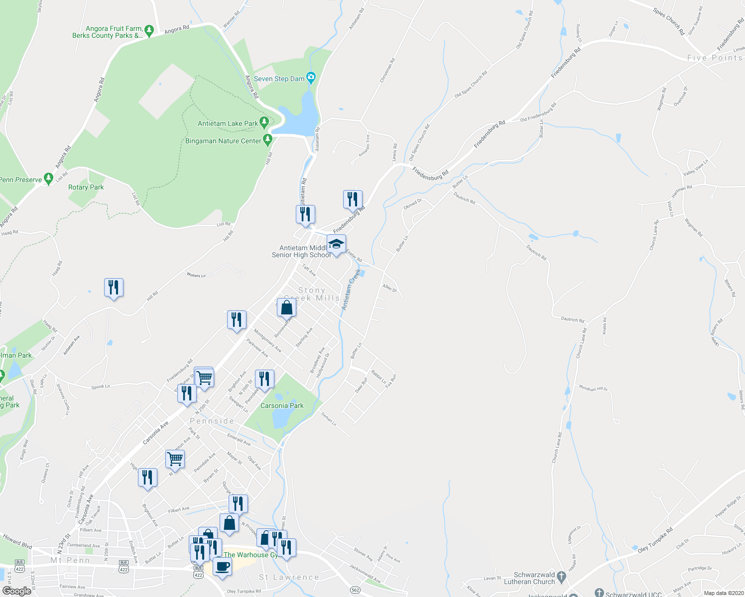 map of restaurants, bars, coffee shops, grocery stores, and more near 1351 Butter Lane in Reading