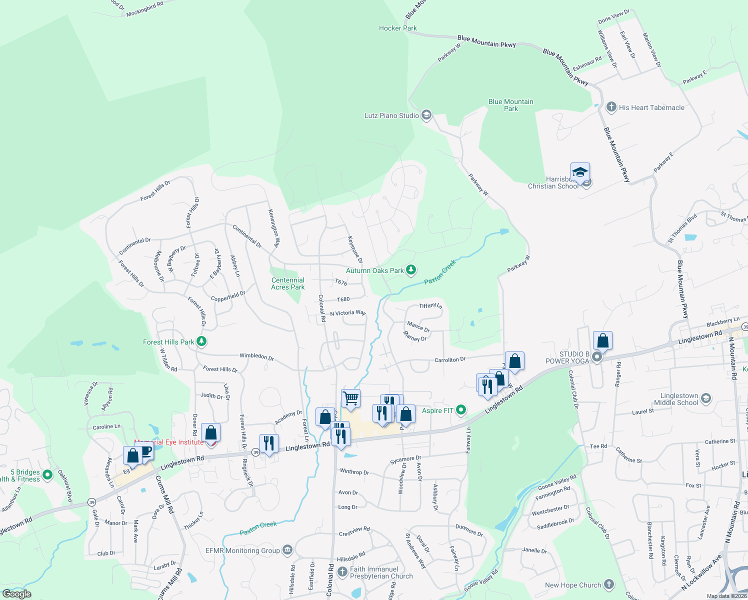 map of restaurants, bars, coffee shops, grocery stores, and more near 4327 Georgia Ct in Harrisburg