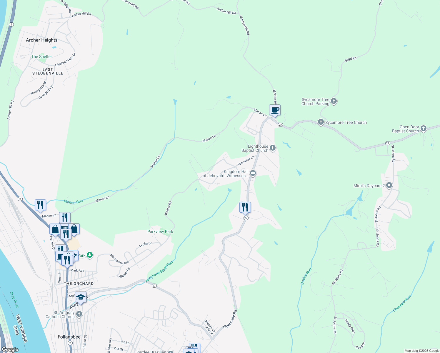 map of restaurants, bars, coffee shops, grocery stores, and more near 225 Walker Road in Follansbee
