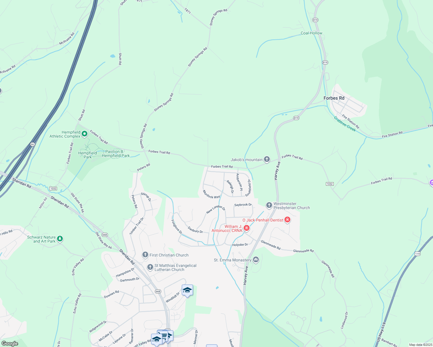 map of restaurants, bars, coffee shops, grocery stores, and more near 515 Southfield Drive in Greensburg