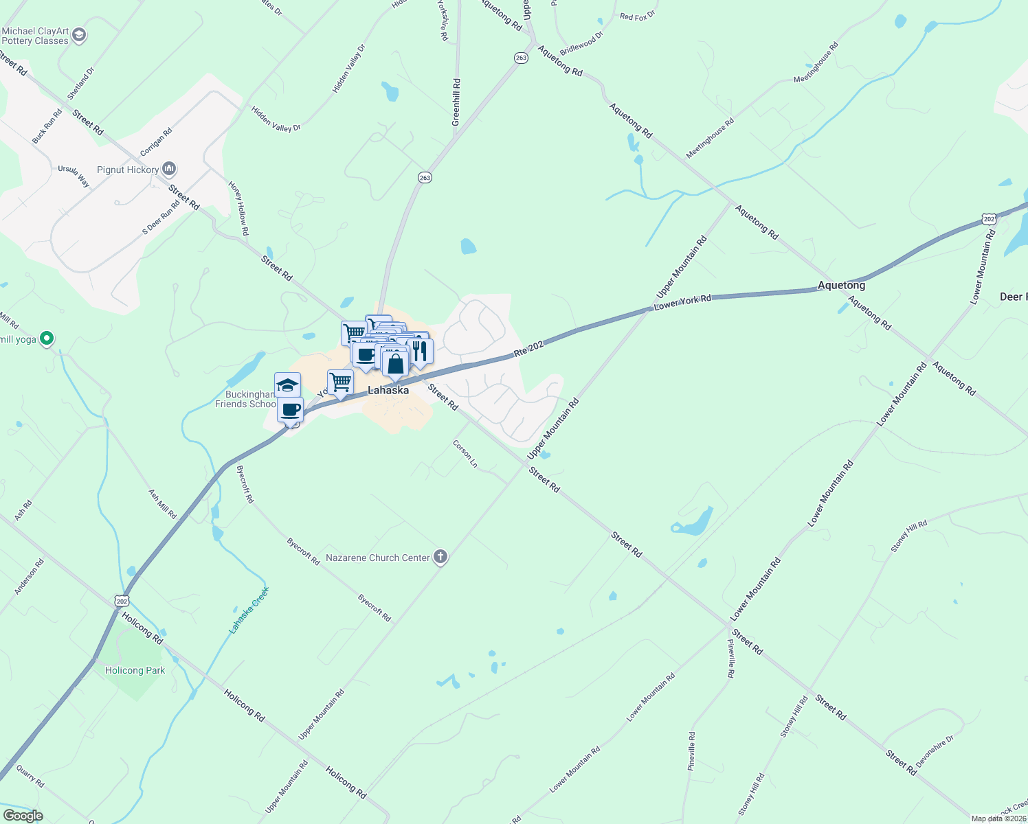 map of restaurants, bars, coffee shops, grocery stores, and more near 807 Yearling Drive in New Hope