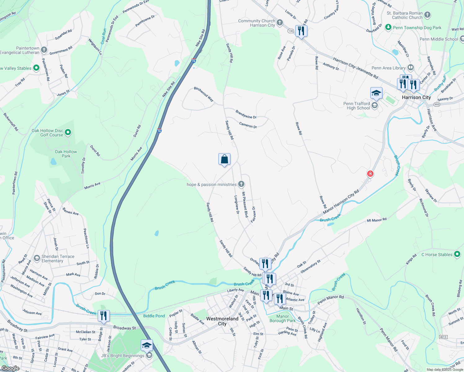 map of restaurants, bars, coffee shops, grocery stores, and more near 116 Longview Dr in Irwin
