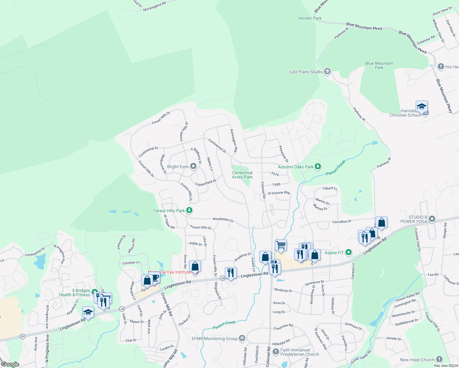 map of restaurants, bars, coffee shops, grocery stores, and more near 2309 Forest Ln in Harrisburg