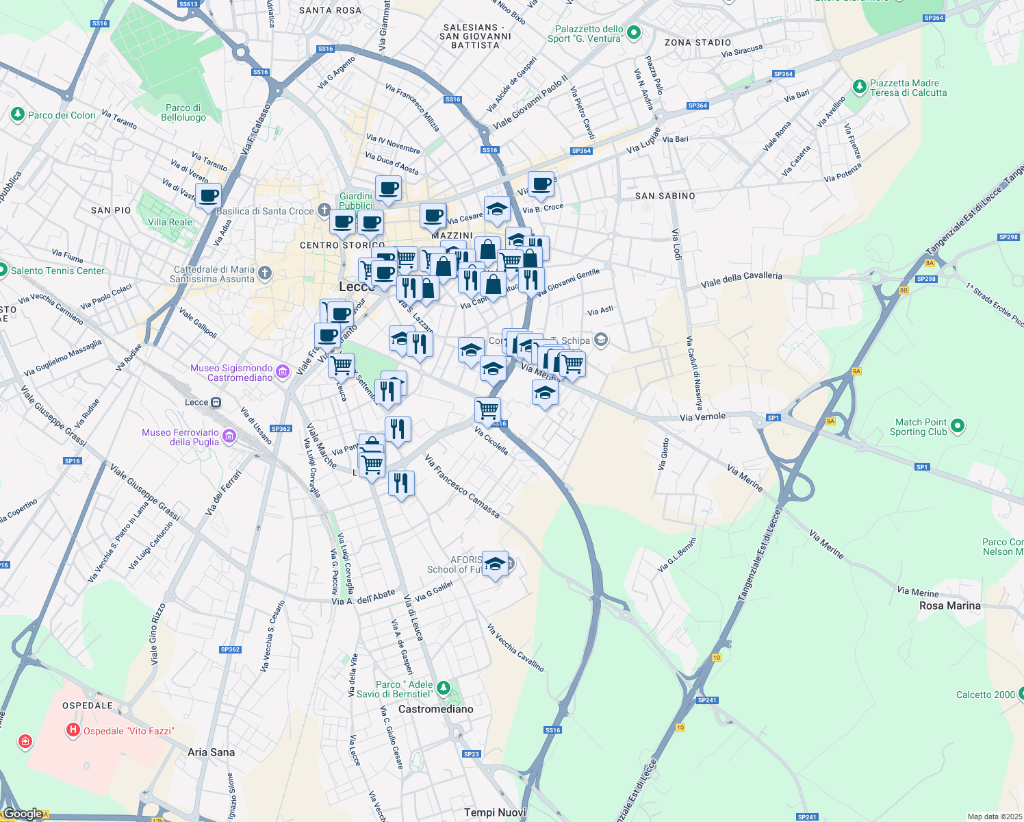 map of restaurants, bars, coffee shops, grocery stores, and more near 39 Via Edoardo de Candia in Lecce