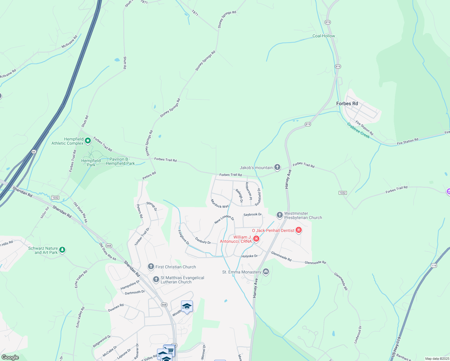 map of restaurants, bars, coffee shops, grocery stores, and more near 515 Southfield Drive in Greensburg