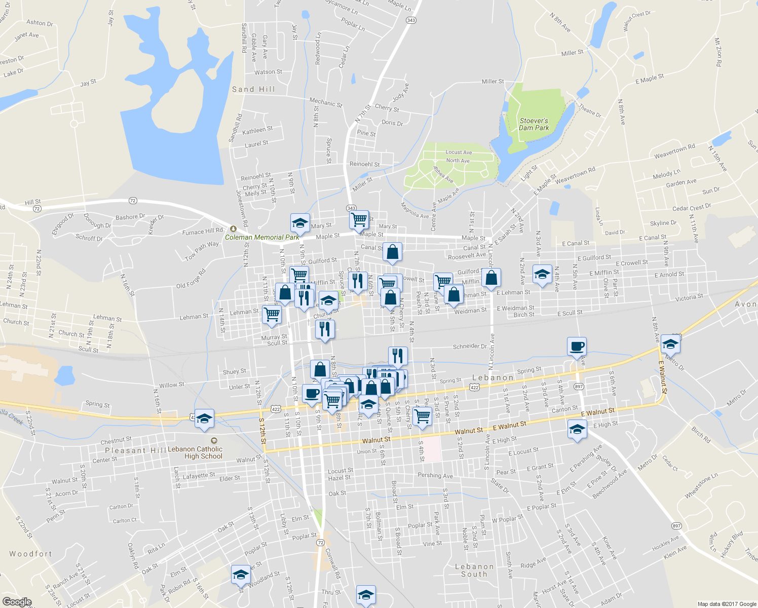 map of restaurants, bars, coffee shops, grocery stores, and more near 530 Lehman Street in Lebanon