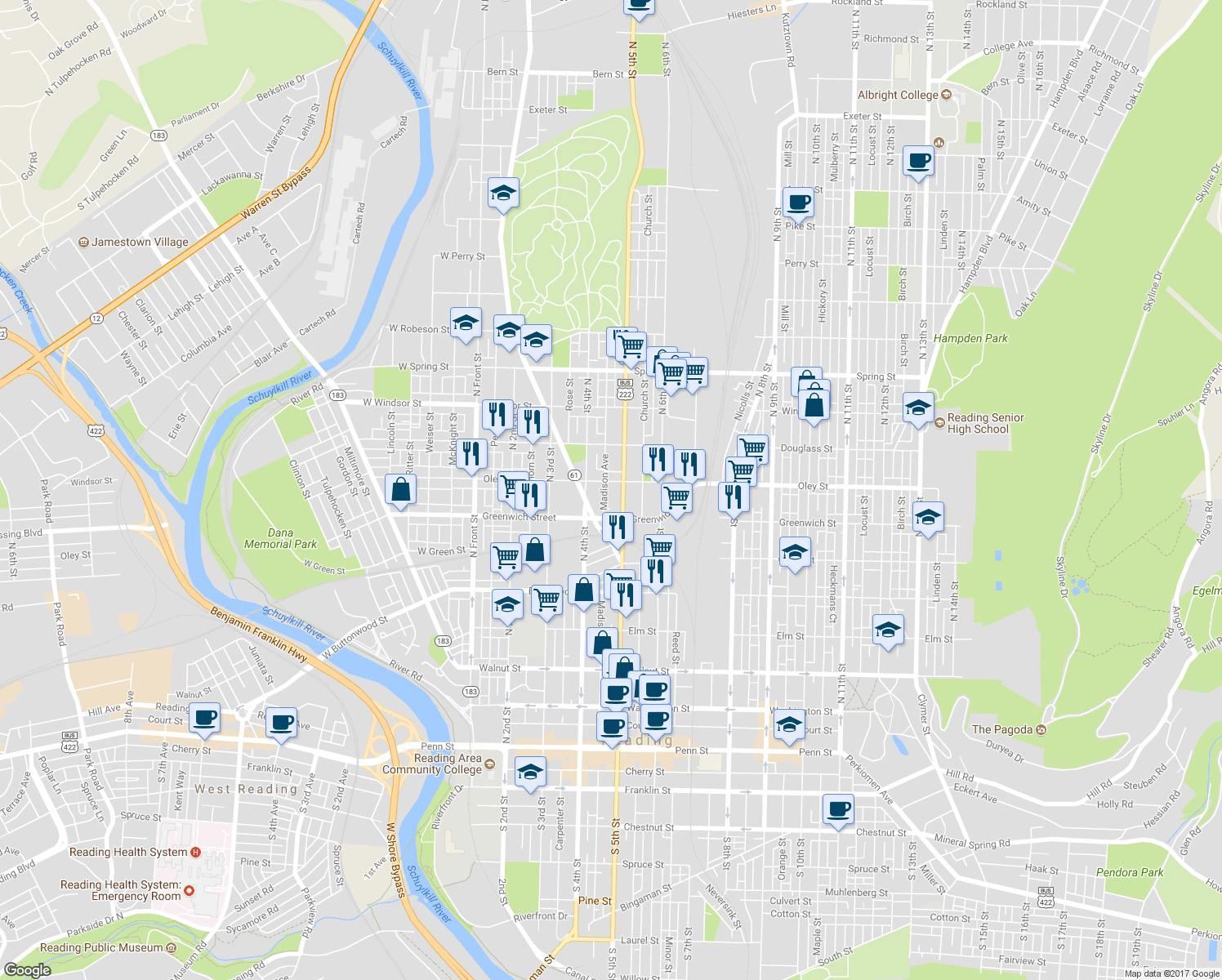 map of restaurants, bars, coffee shops, grocery stores, and more near 440 Oley Street in Reading