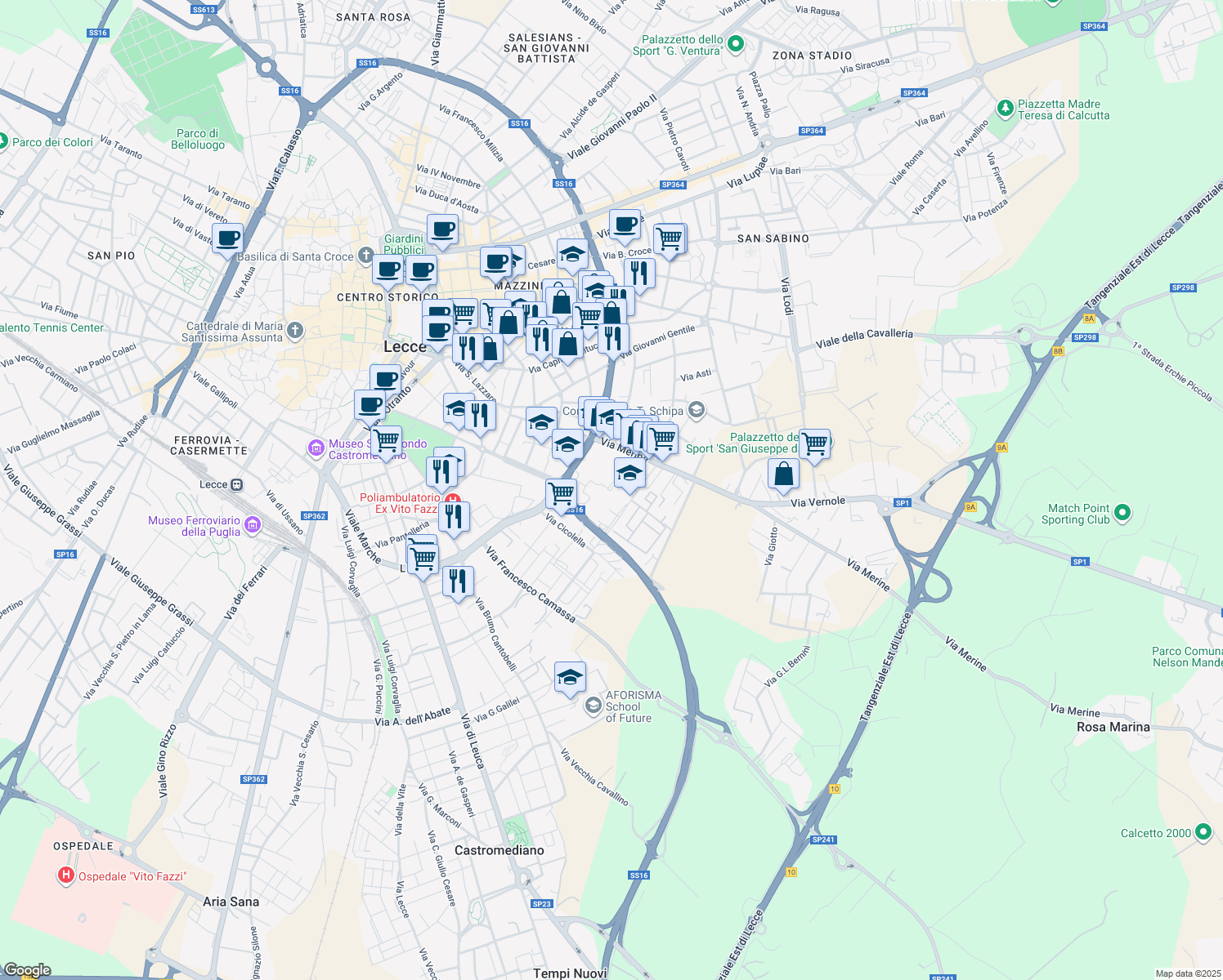 map of restaurants, bars, coffee shops, grocery stores, and more near Via Federico Zeri in Lecce