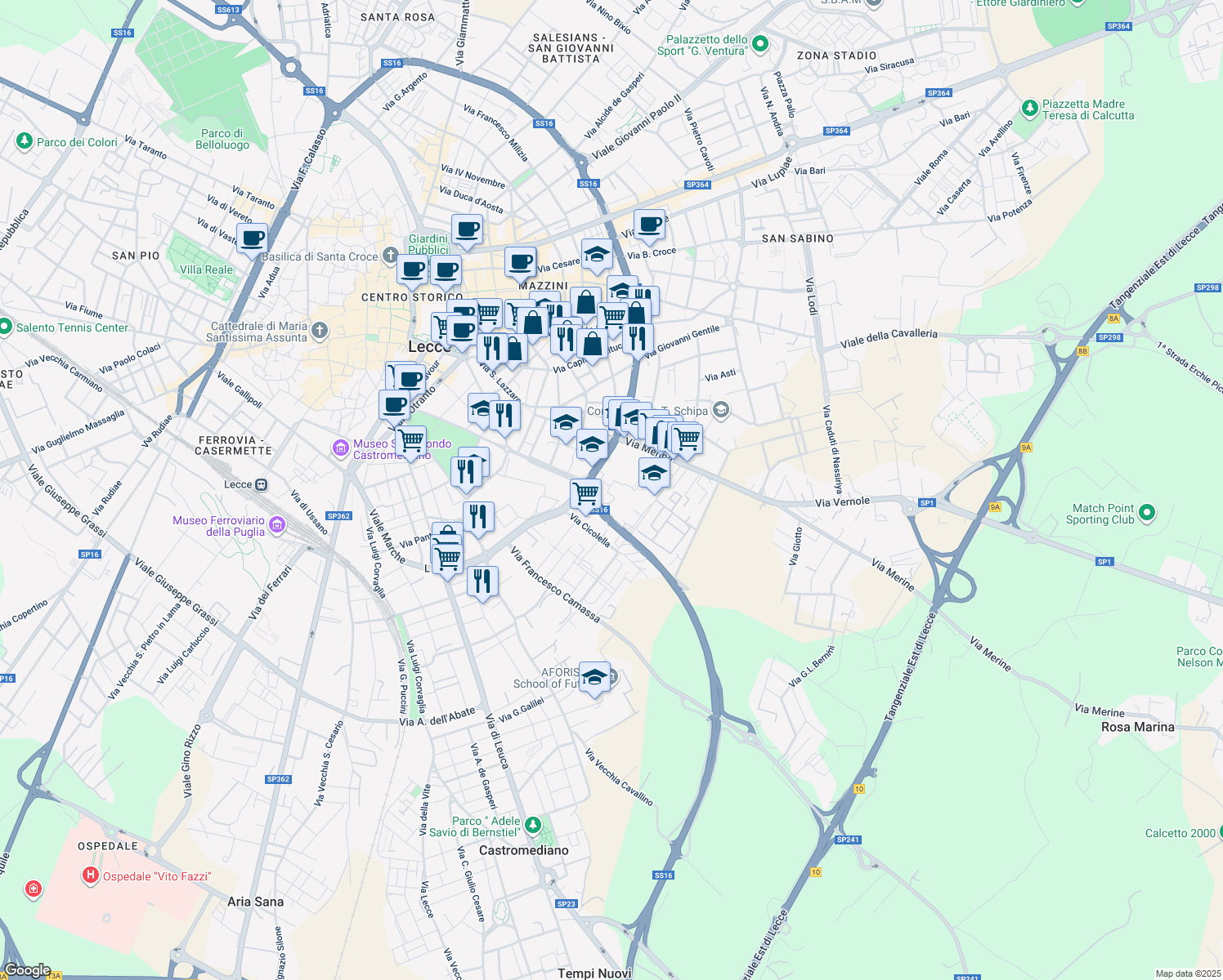 map of restaurants, bars, coffee shops, grocery stores, and more near 39 Via Edoardo de Candia in Lecce