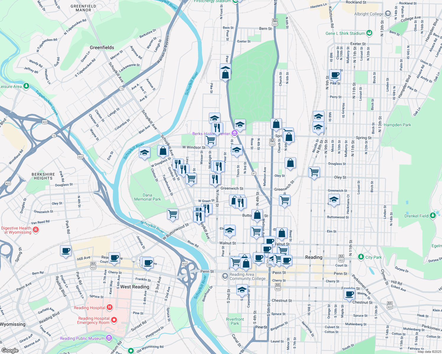 map of restaurants, bars, coffee shops, grocery stores, and more near 110 Oley Street in Reading