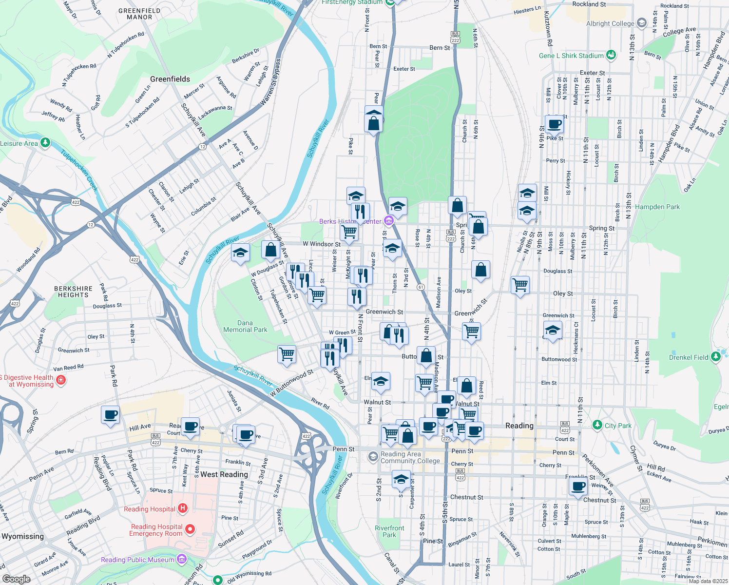 map of restaurants, bars, coffee shops, grocery stores, and more near 106 Oley Street in Reading