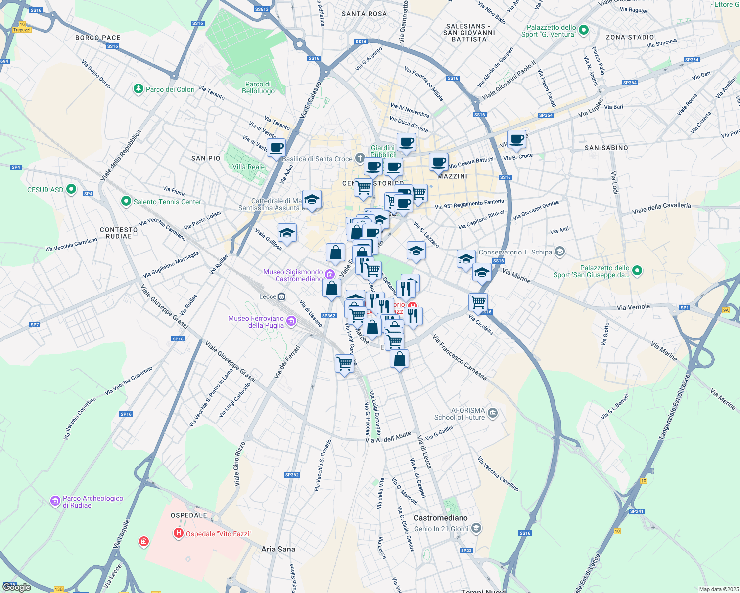 map of restaurants, bars, coffee shops, grocery stores, and more near 1-17 Via Luisa Amalia Paladini in Lecce