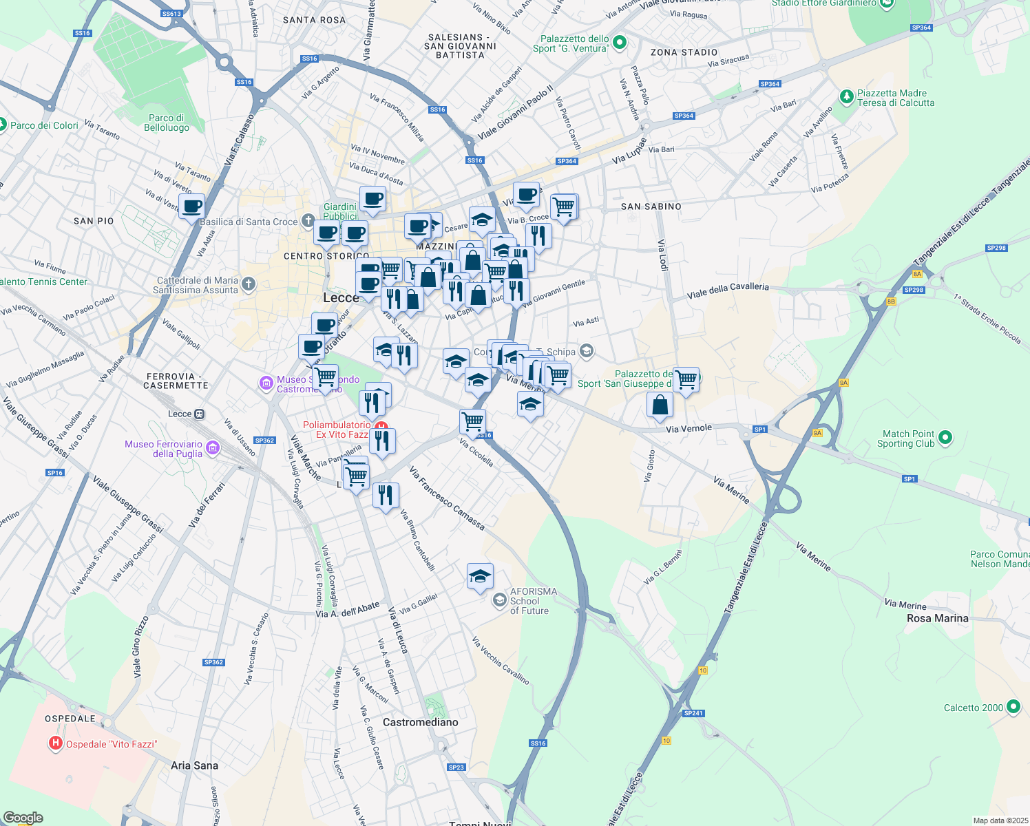 map of restaurants, bars, coffee shops, grocery stores, and more near Via Federico Zeri in Lecce