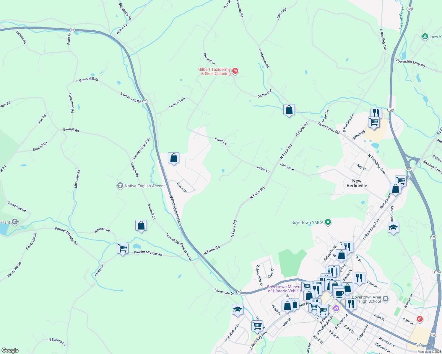 map of restaurants, bars, coffee shops, grocery stores, and more near 133 Indian Ln in Boyertown