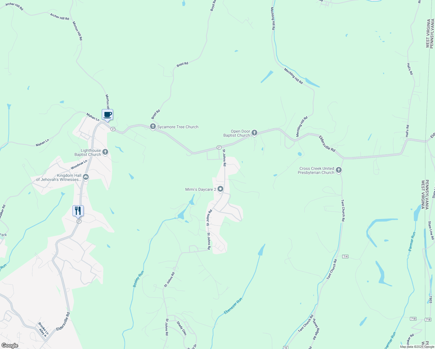 map of restaurants, bars, coffee shops, grocery stores, and more near 3147 Saint Johns Road in Colliers