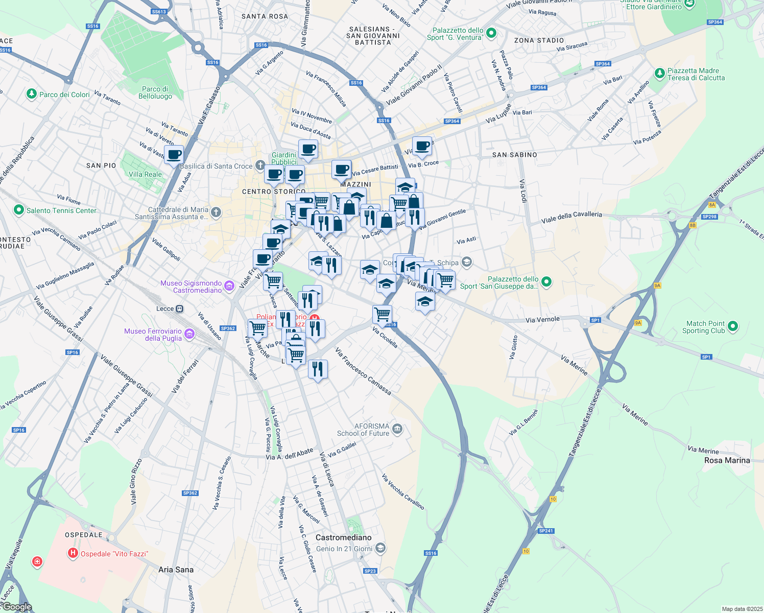 map of restaurants, bars, coffee shops, grocery stores, and more near Viale Gioacchino Rossini in Lecce