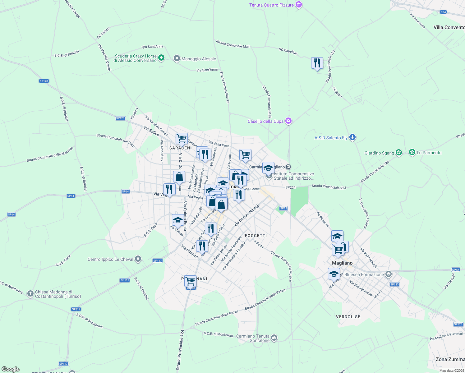 map of restaurants, bars, coffee shops, grocery stores, and more near 14 Via Evangelista Torricelli in Carmiano