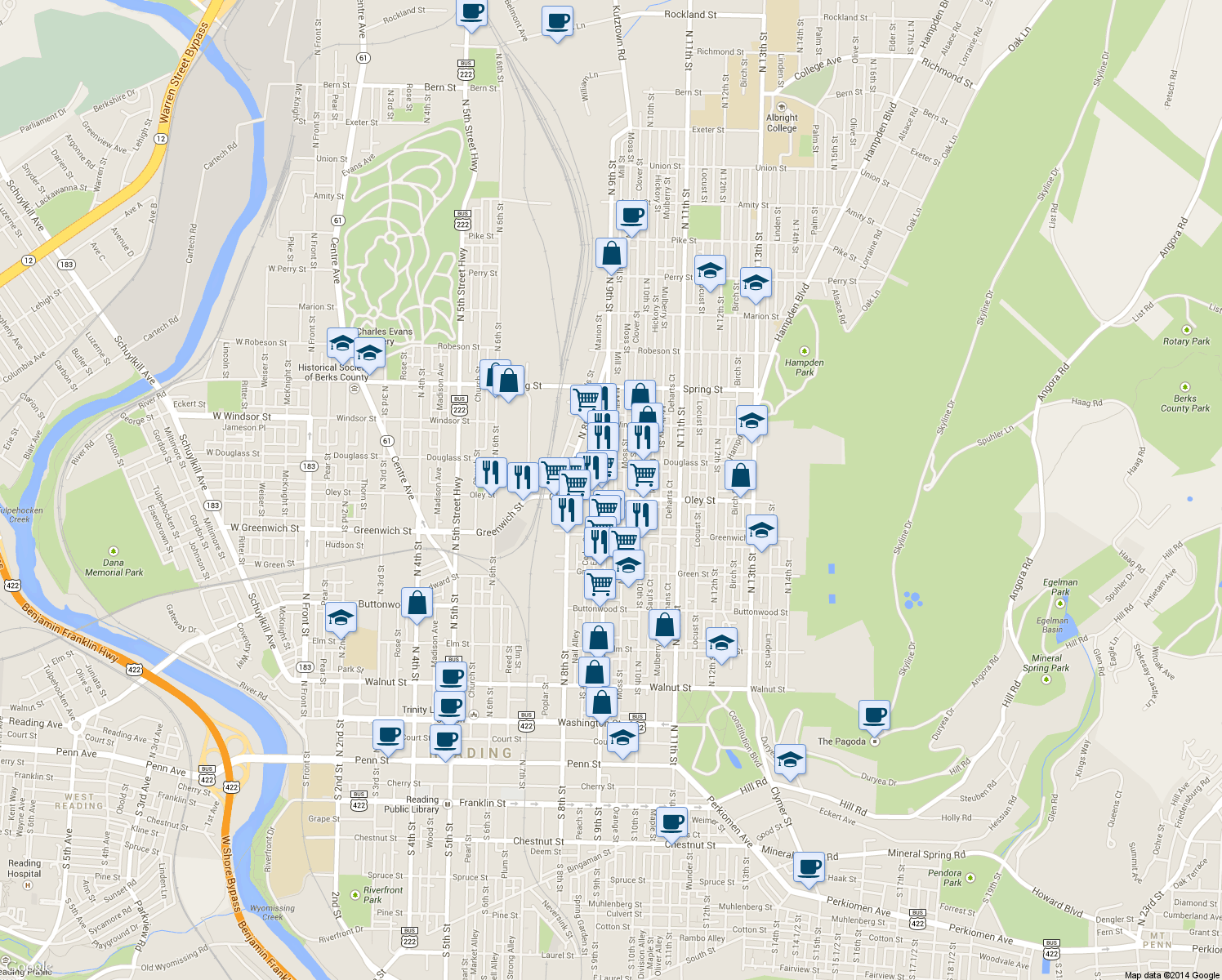 map of restaurants, bars, coffee shops, grocery stores, and more near 711 N 9th St in Reading