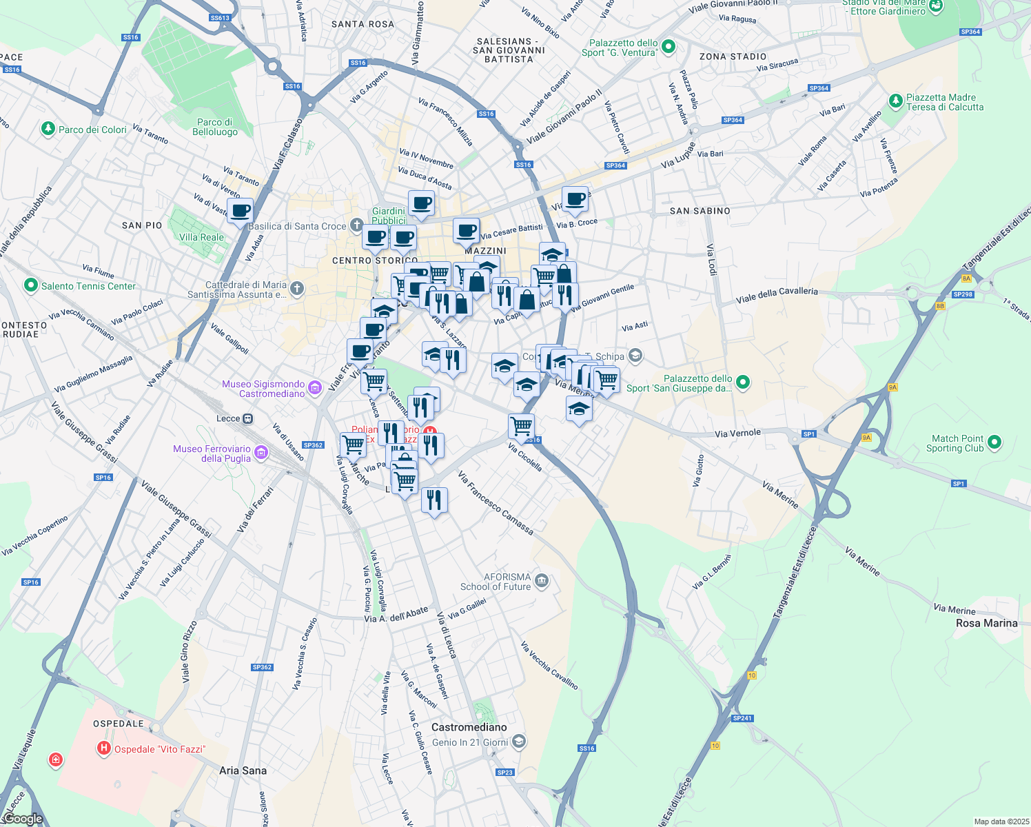 map of restaurants, bars, coffee shops, grocery stores, and more near Viale Gioacchino Rossini in Lecce