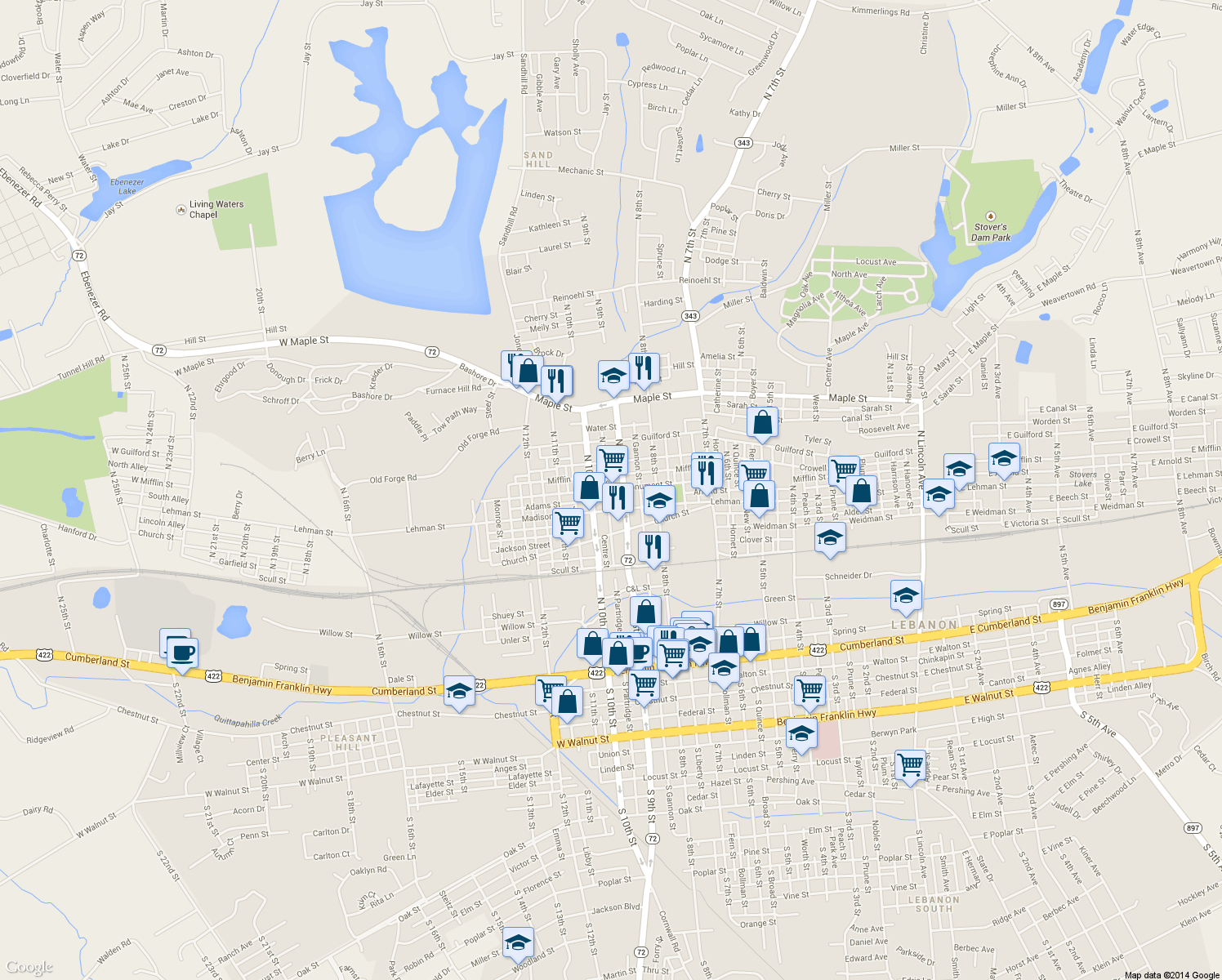 map of restaurants, bars, coffee shops, grocery stores, and more near 438 North Partridge Street in Lebanon